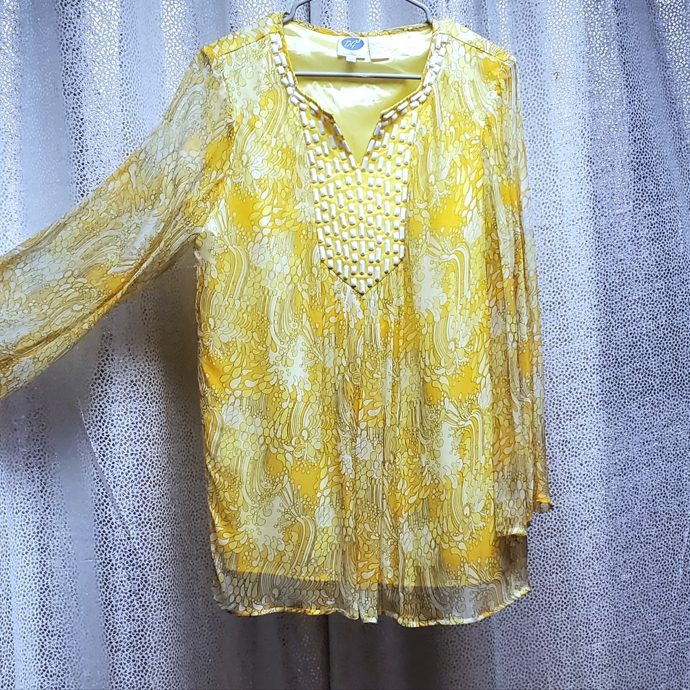 Honeysuckle Yellow Paisley Blouse White Beaded Neckline - Picture 12 of 12